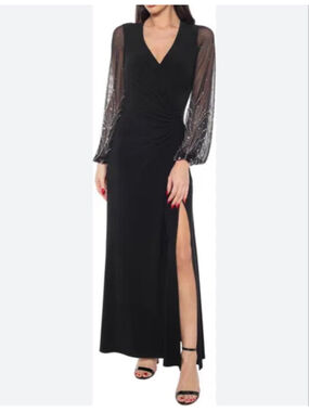 Marina Beaded Long Sleeve Jersey Gown |black|XL|NWT